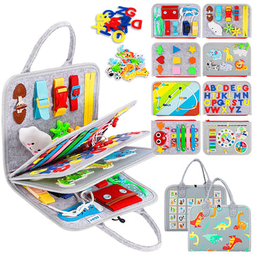 Esjay Toddler Busy Board Montessori Toys, Sensory Board Educational Activities For Learning Fine Motor Skills, Gifts For Girls Boys Toddlers, Travel Toys For Airplane Car,Grey Dinosaur