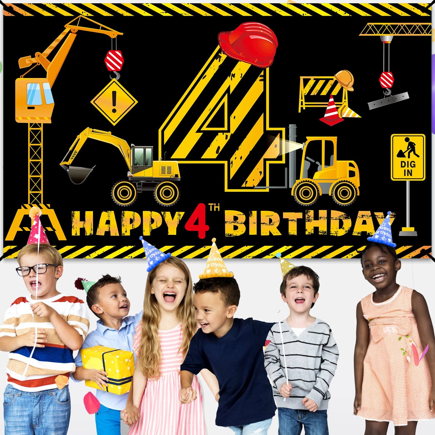 Construction 4Th Birthday Banner Decorations For Boys Kids, Dump Truck Construction Theme Four Birthday Party Supplies, Excavato