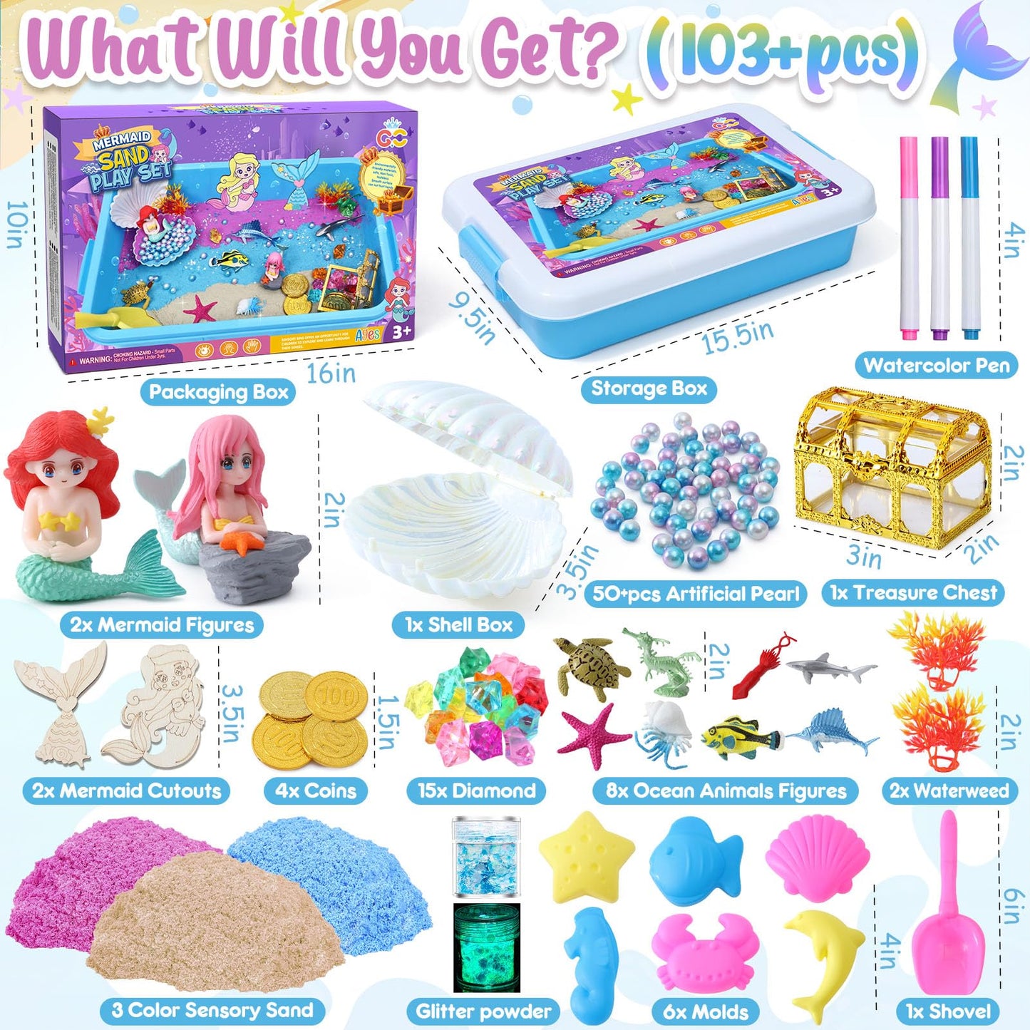 G.C Mermaid Sensory Bin for Girl Kid Toy, 103pcs Play Sand Art Kit with Sandbox/2lb Color Sand/6 Molds/Treasure Box/Shell, Ocean