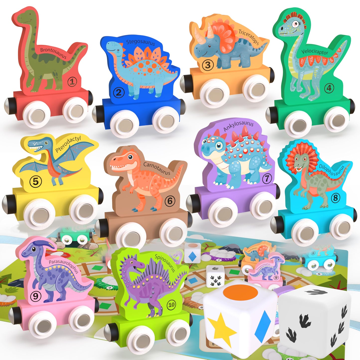 ORBRIUM 23-Piece Dinosaur Train Set - STEM Toy & Educational Game with Wooden Train Cars, Dice, Shapes & Colors - Montessori Lea