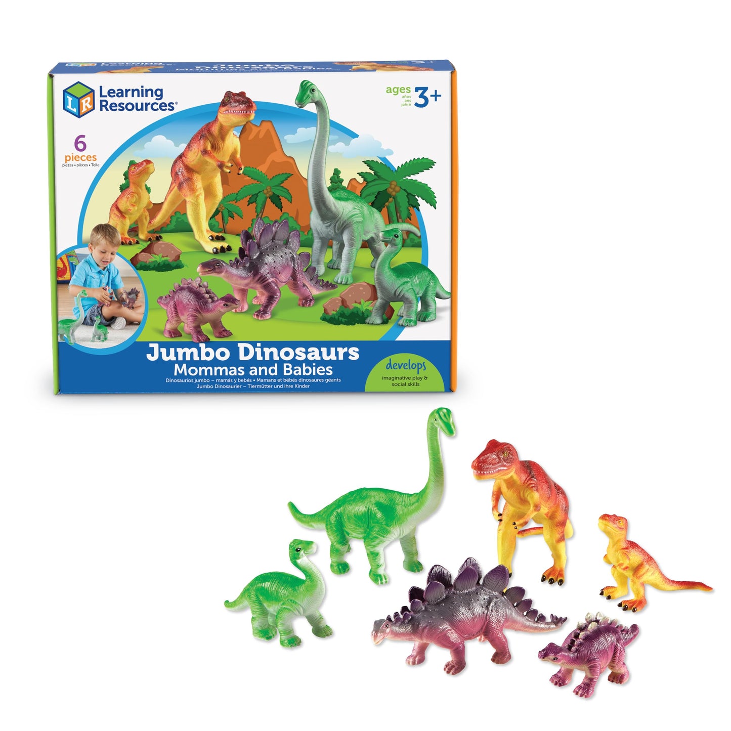 Learning Resources Jumbo Dinosaurs Set - 6 Large Plastic T-Rex, Stegosaurus, Brachiosaurus - Multi-color, Model LER0836