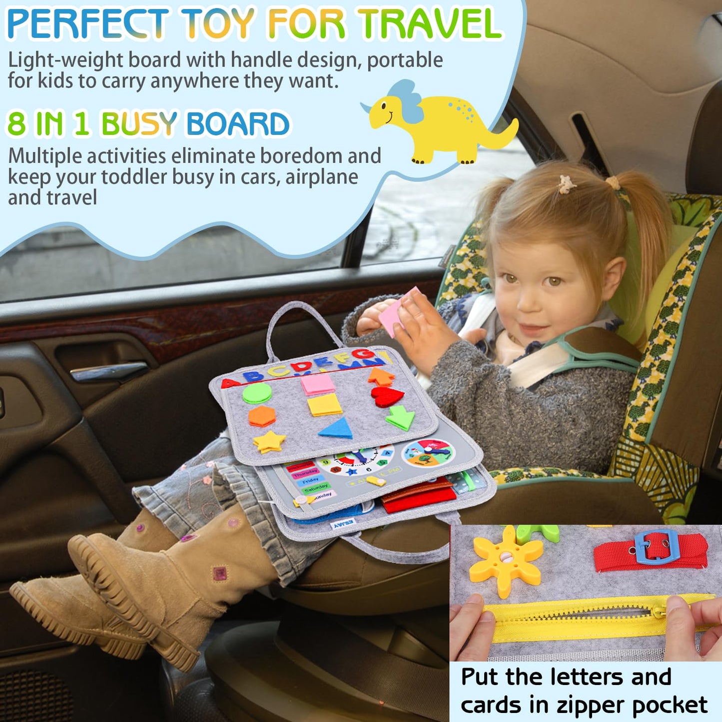 Esjay Toddler Busy Board Montessori Toys, Sensory Board Educational Activities For Learning Fine Motor Skills, Gifts For Girls Boys Toddlers, Travel Toys For Airplane Car,Grey Dinosaur