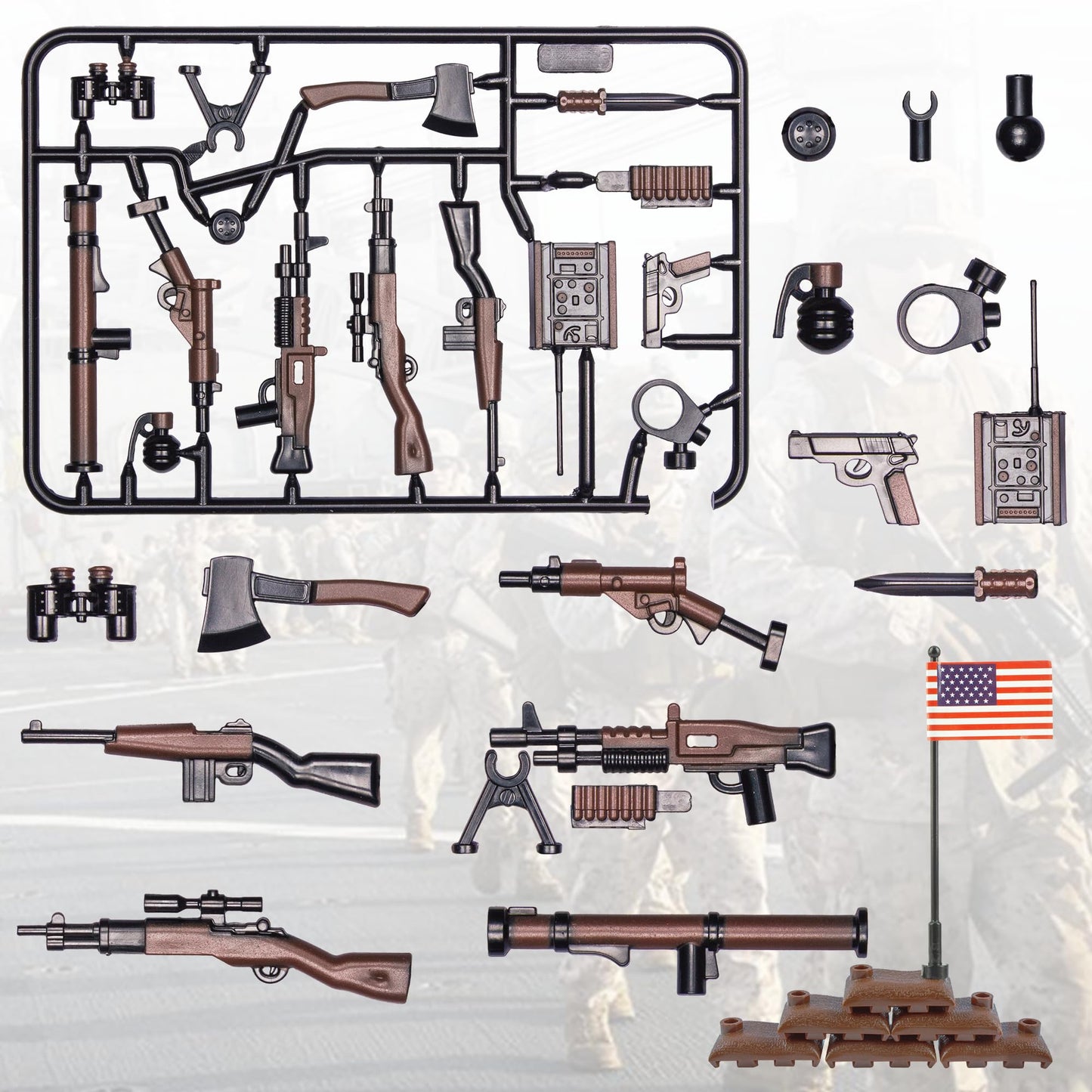 MaozyHomie 36 Pcs  Pack Military U.S Field Force  Toy Set - Brown  Accessories Weapon Battle Building Blocks Compatible with Major Brand  3 Years Old and up