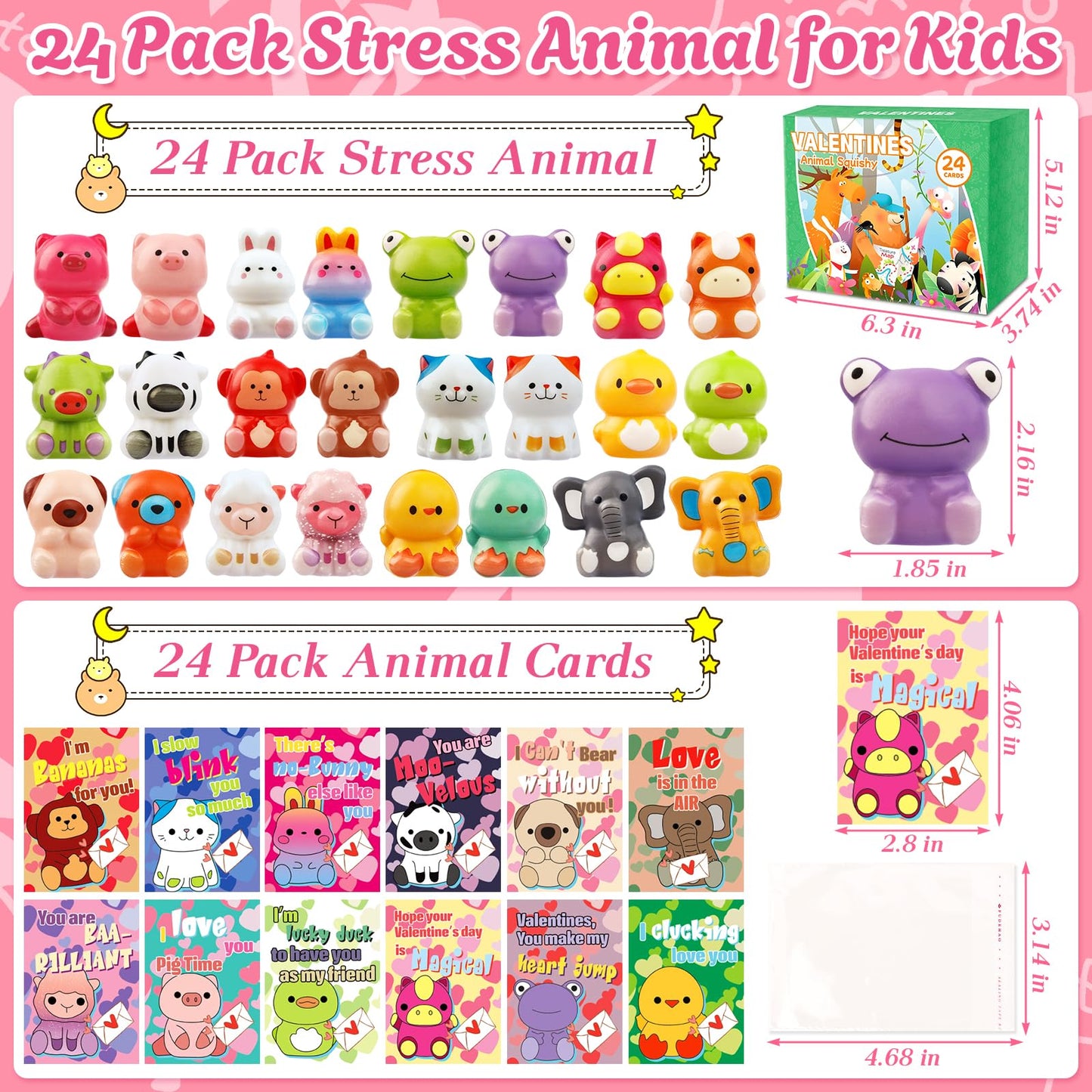 24 Pack Valentines Day Gifts for Kids, Valentines Cards for Kids Classroom with Animal Squishy Toys Slow Rising Stress Relief Fi