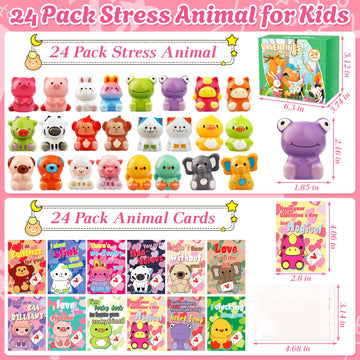 24 Pack Valentines Day Gifts for Kids, Valentines Cards for Kids Classroom with Animal Squishy Toys Slow Rising Stress Relief Fi