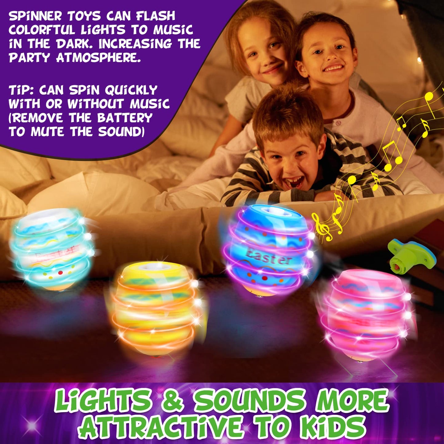 Light Up Easter Eggs Toy Gifts For Kids, 6 Easter Egg Spinning Tops With Flash & Music, Easter Basket Stuffers, Easter Eggs Hunt