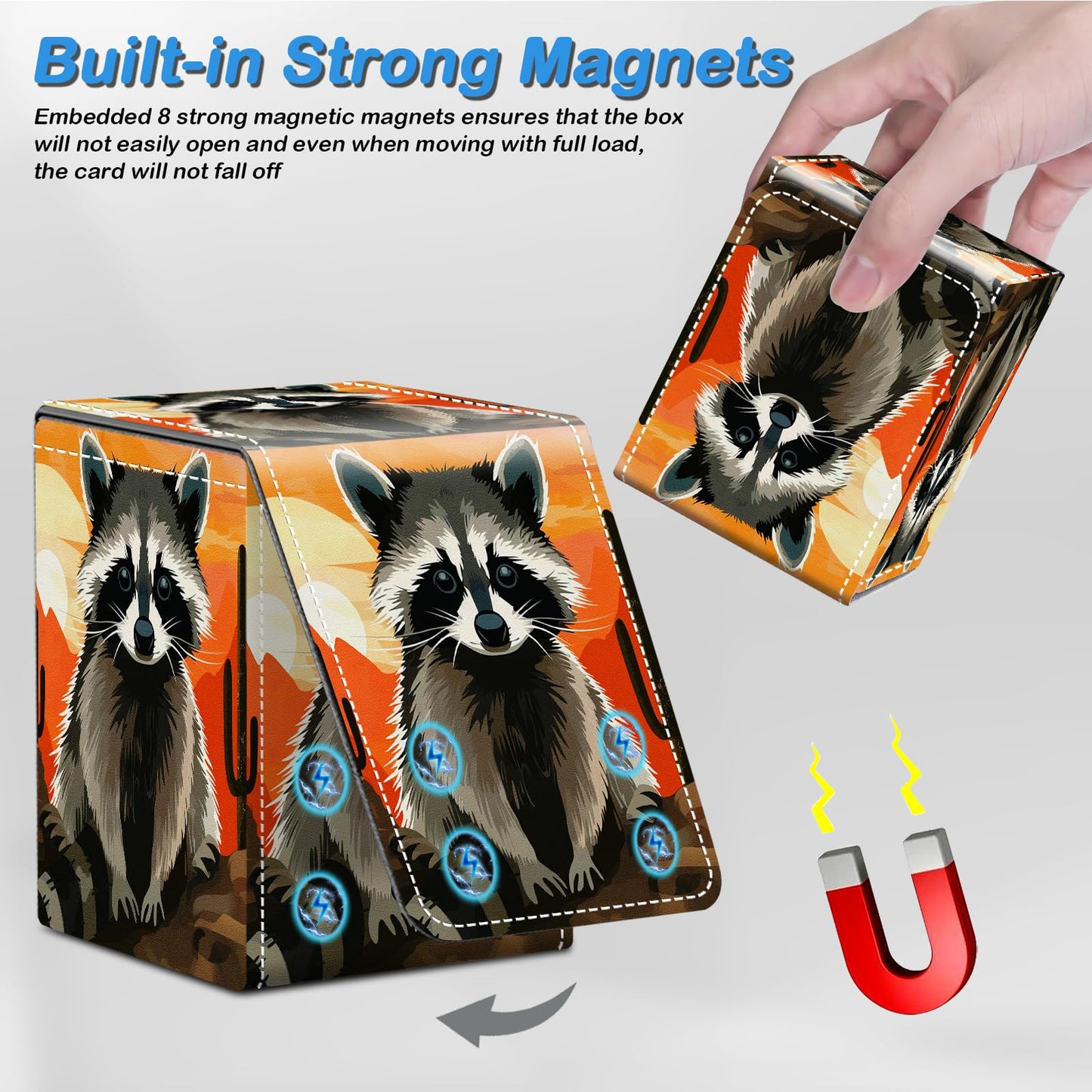 CAPAUNVDA Card Deck Box for MTG Commander Trading Cards with Magnetic Closure enhanced Card Storage Box Case Cover for MTG TCG CCG Magic Cards Cute Raccoon Cactus