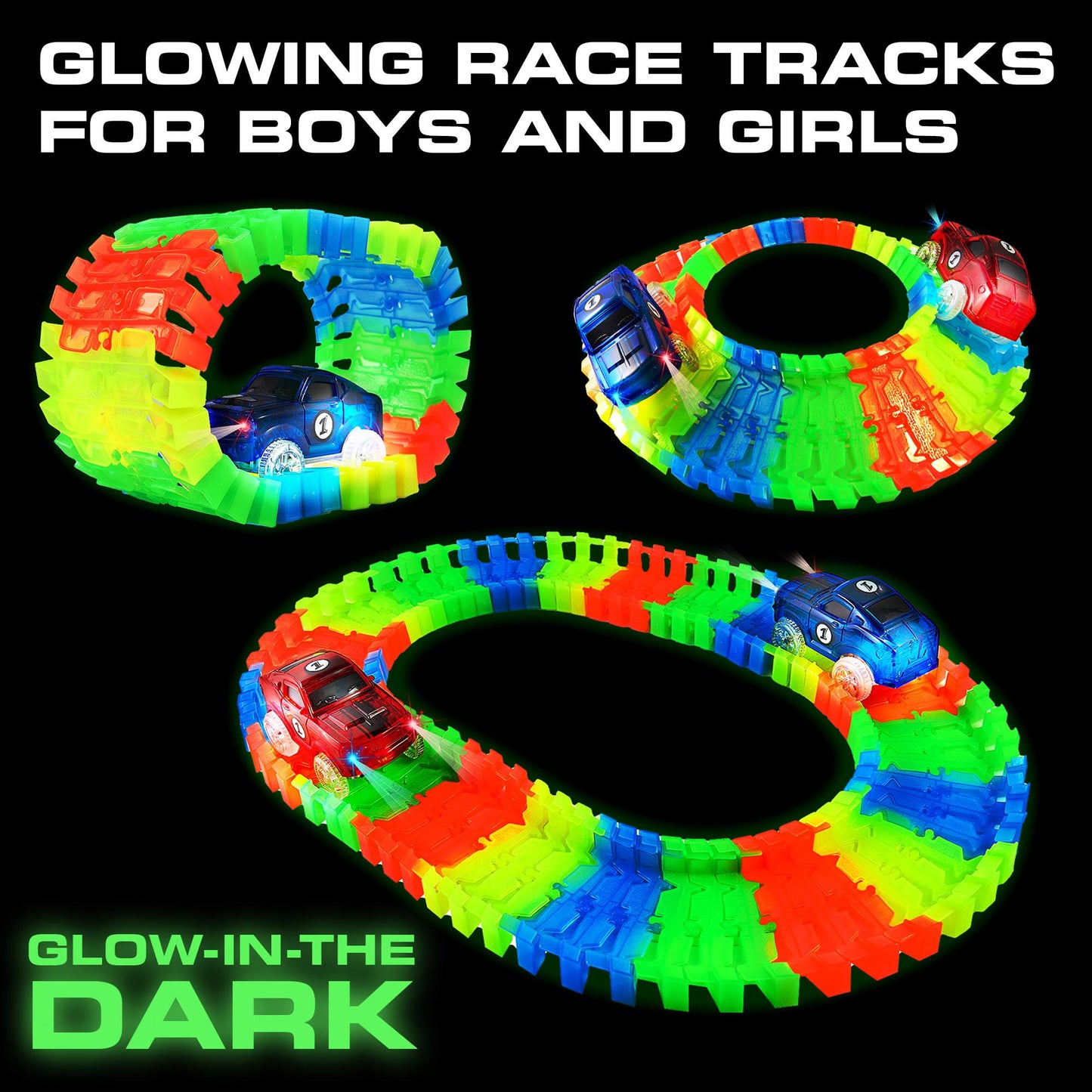 Usa Toyz Glow Tracks Starter Kit Race Tracks And 2 Led Toy Cars - 216Pk Glow In The Dark Bendable Flexible Rainbow Race Track Set With 2 Light Up Car Toys, Stem Building Toys For Boys And Girls