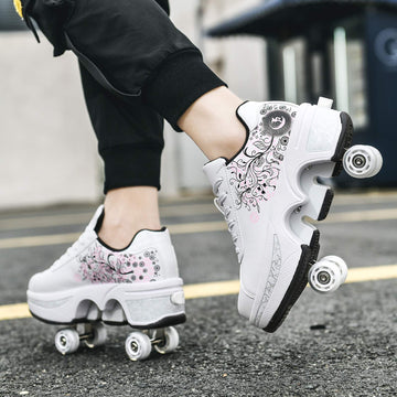 Double-Row Deform Wheel Automatic Walking Shoes Invisible Deformation Roller Skate 2 in 1 Removable Pulley Skates Skating Parkour (White Black Powder  US 9.5)
