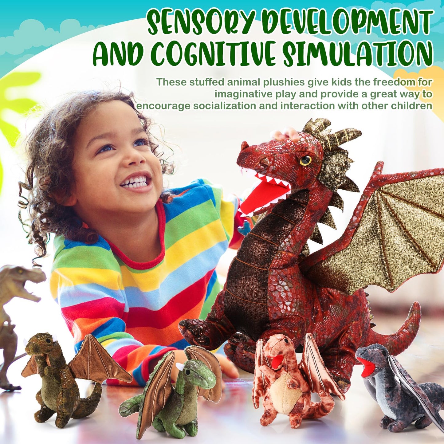 Deekin 7 Pcs Dragon Toy Set - 16 Large Stuffed Animal with 4 Baby Plush & 2 Eggs - Retro Dinosaur Gifts for Boys & Girls