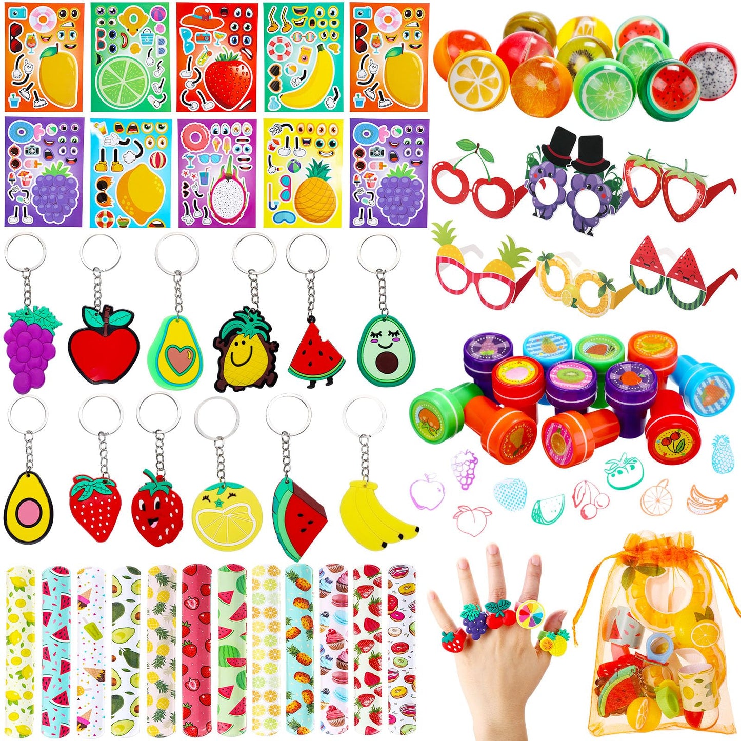 Blosssound 96 Pcs Fruit Party Favors Summer Fruits Theme Birthday Gifts Set Make a Fruit Sticker Stress Ball Slap Bracelet Glass