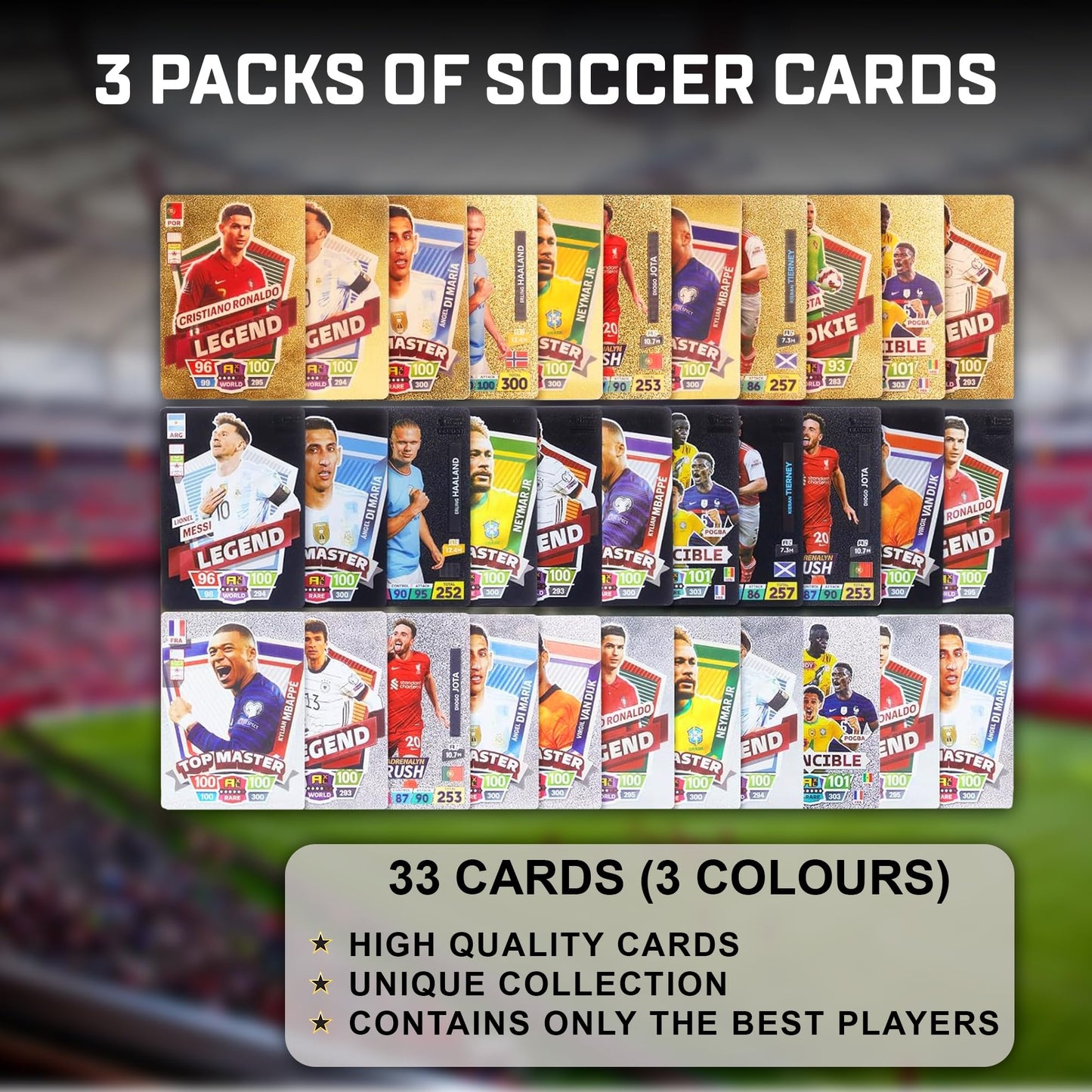 Soccer Trading Cards 2024-25 | 3 Packs - 33 Collectible Football Cards For Fans & Players Black, Gold & Silver Soccer Mystery Ca