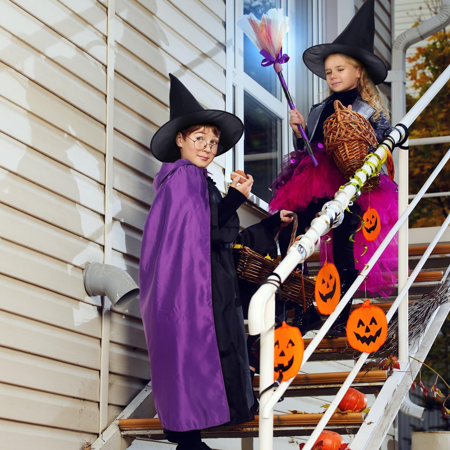 Ramede 5 Pcs Girl Halloween Witch Costume Set Light Up Witch Dress Broom Cloak Hat Sock For Treat Or Trick Party(5-7 Year Old)