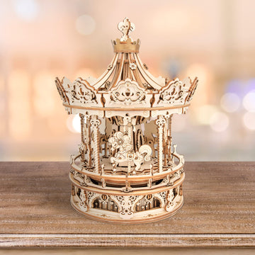 Rokr 3D Wooden Puzzles For Adults Mechanical Music Box Romantic Carousel, Diy Music Box Model Building Kits For Teens, Diy Crafts/Hobbies/Gifts Desk Decor For Girls Ages 14+ (Romantic Carousel)