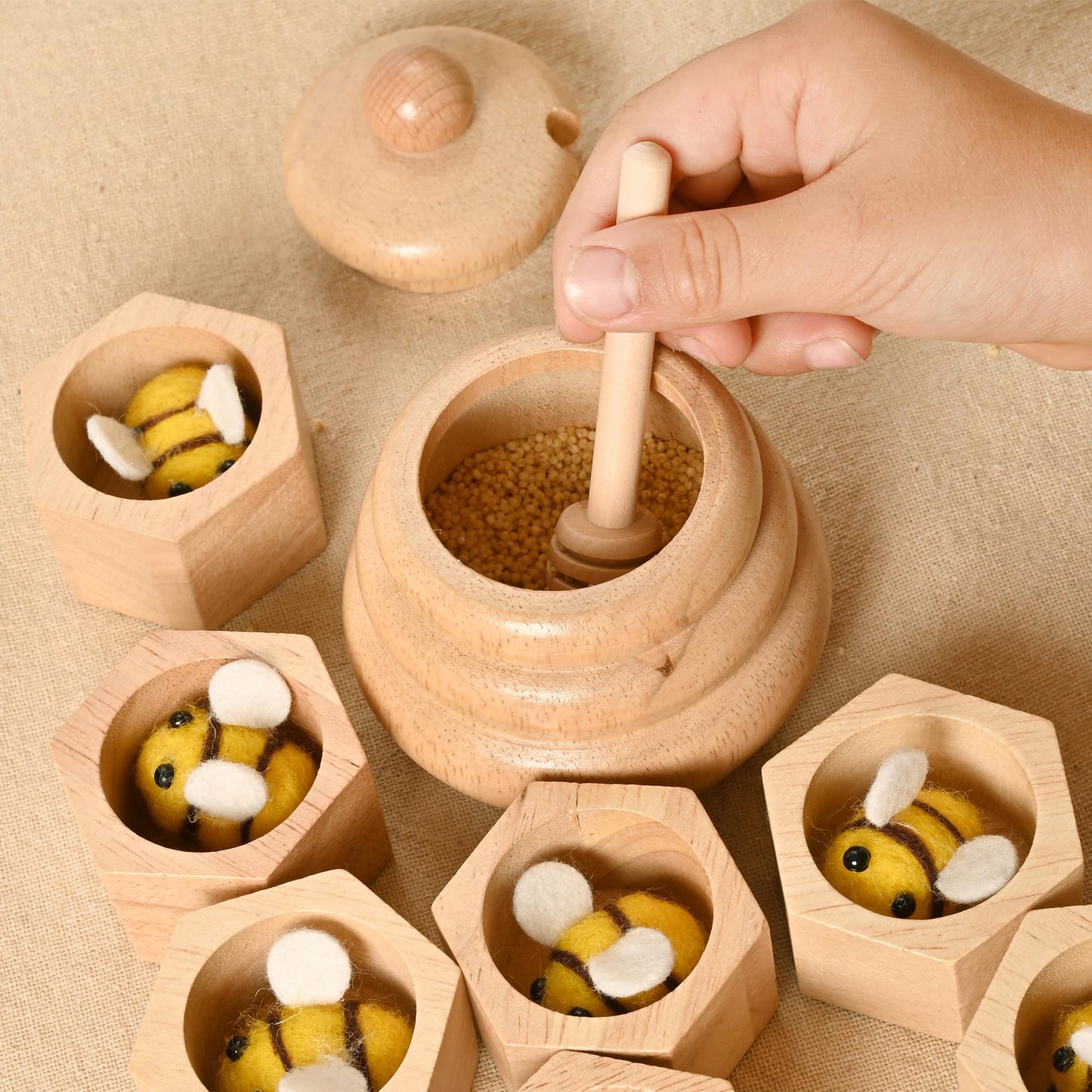 Mont Pleasant 2Pcs Wooden Beehive Toys With Lid And Honey Stick, Sorting Stacking Toys For Toddlers Montessori Wooden Toy For To