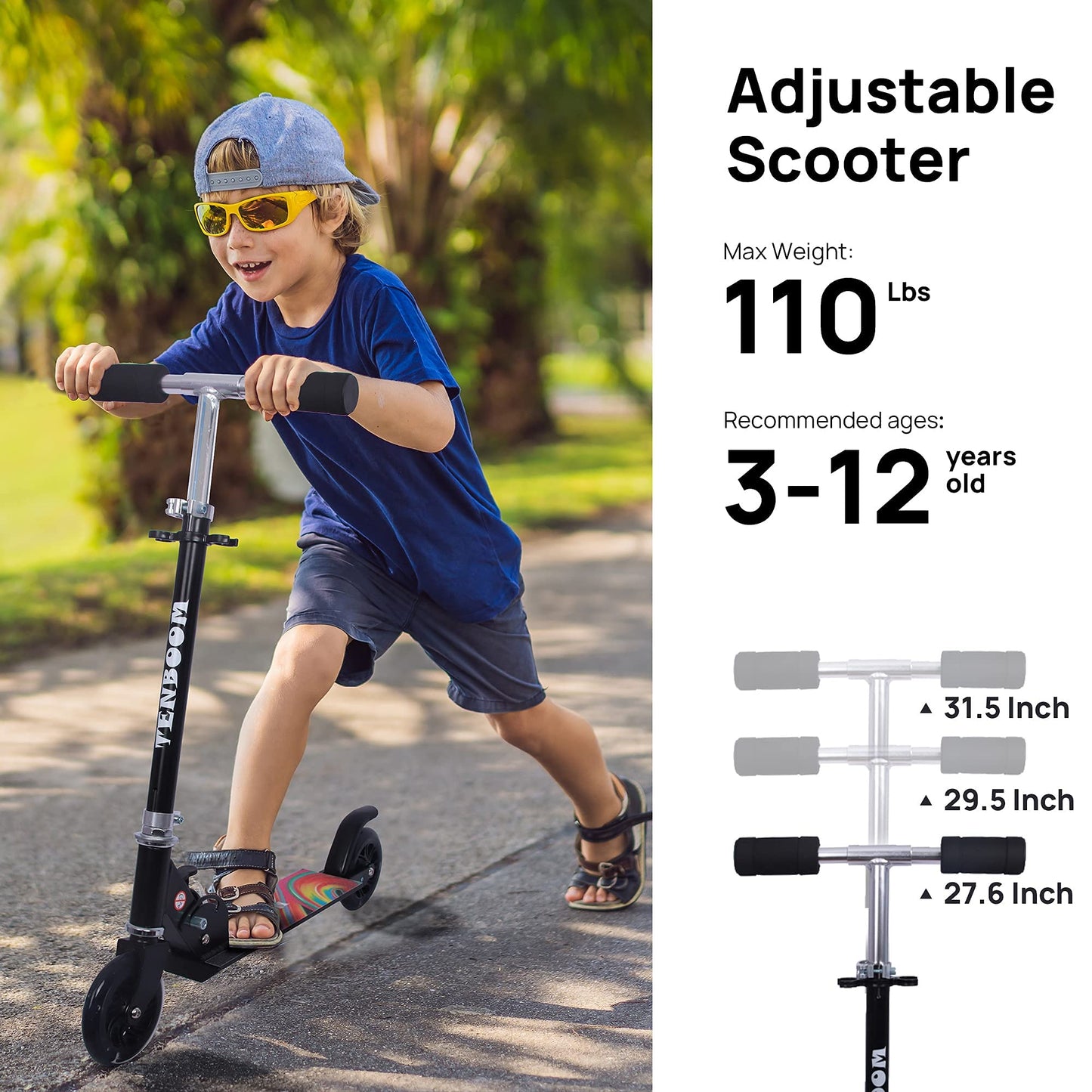 TENBOOM Kids Scooter, Light Up Wheels, Easy Folding, Adjustable Handlebar, Black, Ages 3-12, Aluminum Model