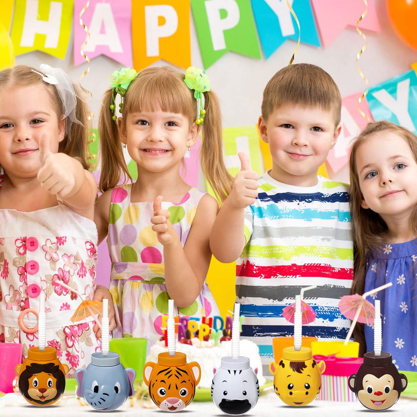 24 Set Zoo Animal Cups with Straws and Lids, 10 oz Plastic Reusable Safari Jungle Animal Theme Party Kids Cups for Elephant, Mon