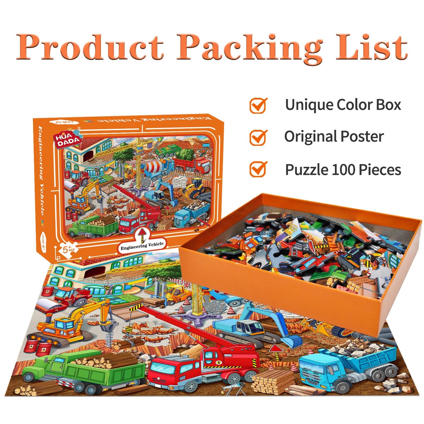 Puzzles for Kids Ages 4-8 6-8 8-10 Year Old - Busy Engineering Vehicle - 100 Pieces Jigsaw Puzzle for Kids 100 Piece Puzzle for