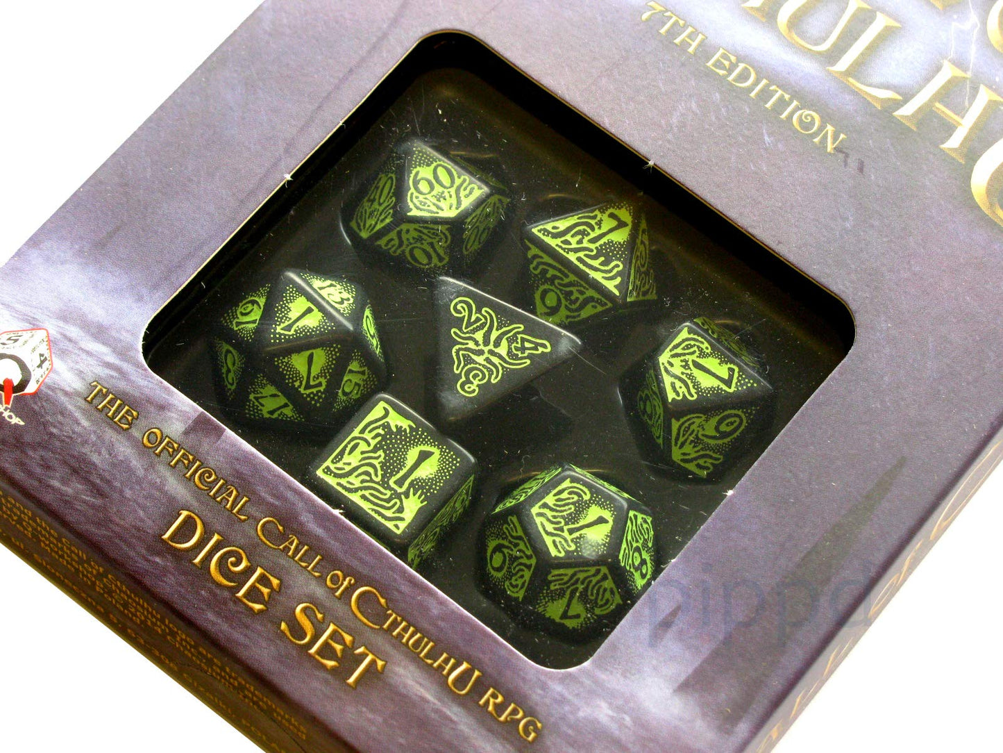 Q WORKSHOP Call Of Cthulhu black & green RPG Ornamented Dice Set 7 Polyhedral Pieces