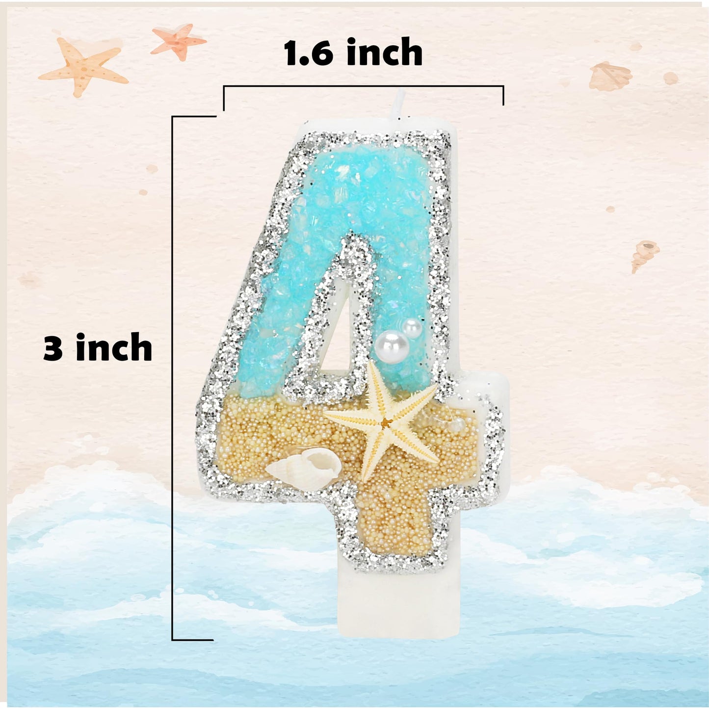 ElekFX 14th Birthday Candle - Beach Starfish Sequins, 2.76" Wax Cake Topper Decoration, Number 14 in Color 14