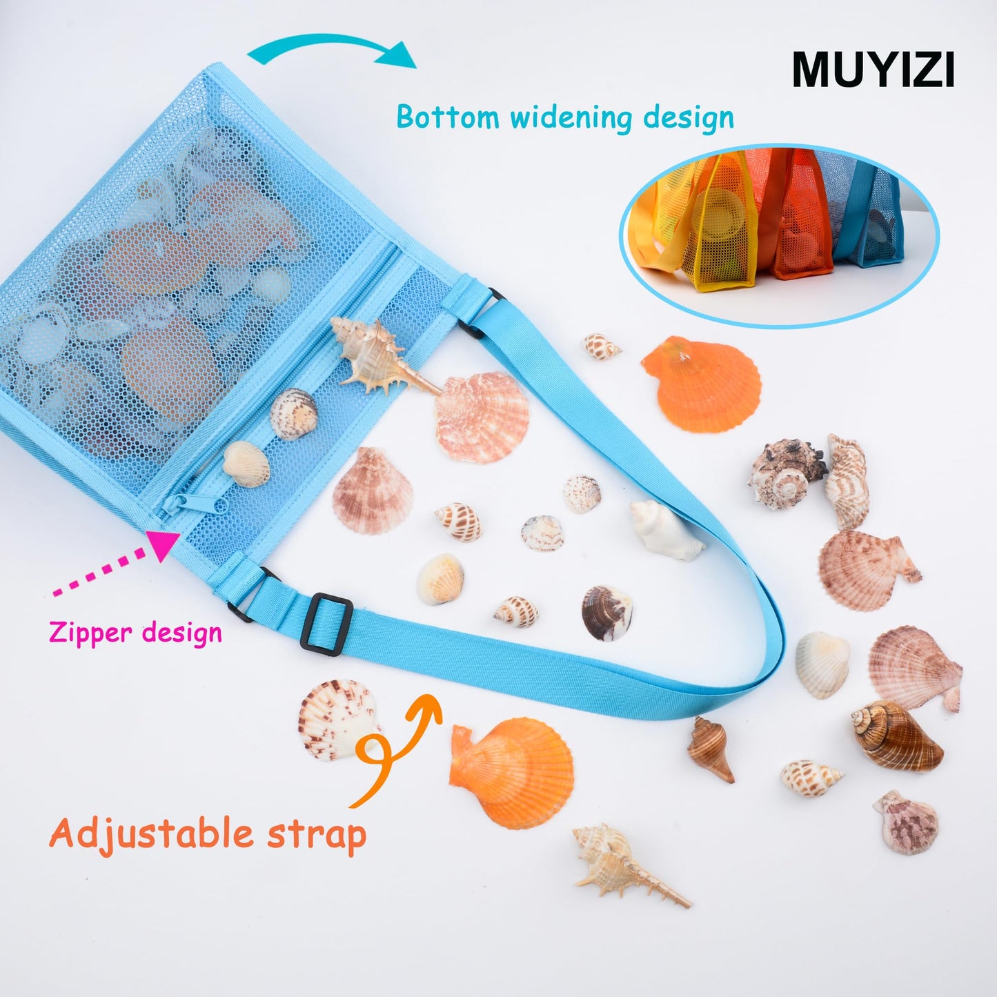 MUYIZI Mesh Beach Shell Collecting Bags - Large Multicolored Nylon (Blue, Yellow, Orange) - 3 Pack for Kids