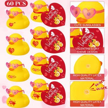 Chivao 60 Pcs Valentine'S Day Mini Rubber Ducks In Bulk With Heart Shaped Sunglasses And Valentine'S Day Cards, Valentines Day P
