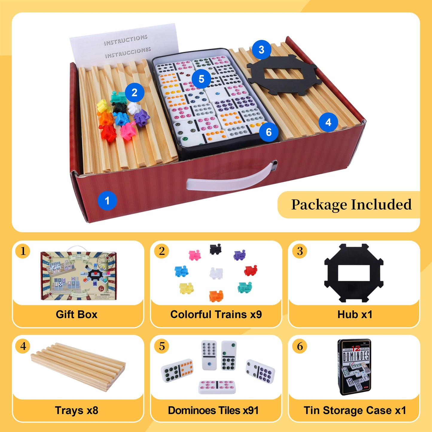 Gonoelec Double 12 Mexican Train Dominoes Set - 91 Color Dot Tiles, 8 Wooden Trays, 9 Train Markers, Classic Family Game