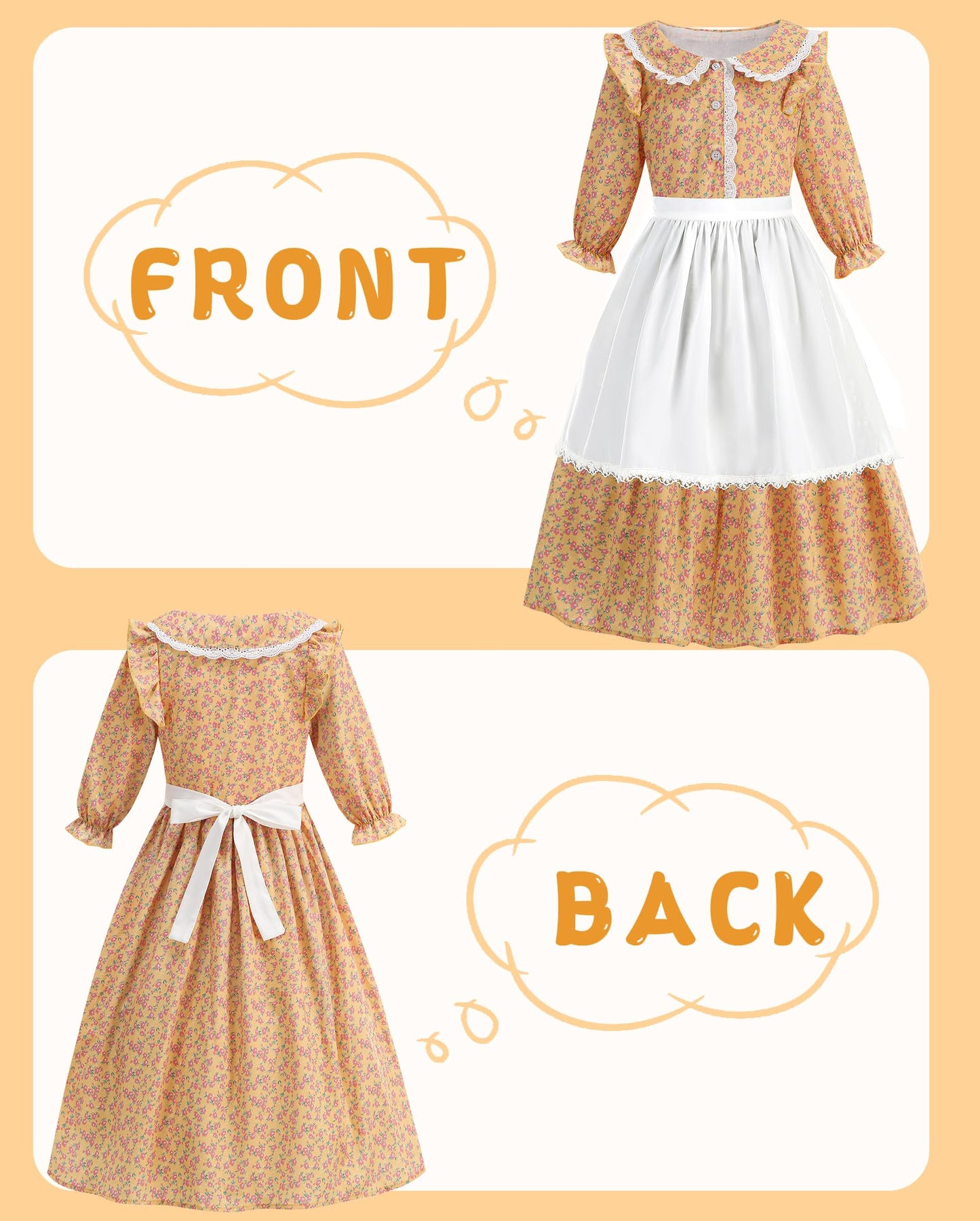 Aoiviss Girls Pioneer Costume Floral Colonial Prairie Dress for Little Kids with Apron and Bonnet, Yellow