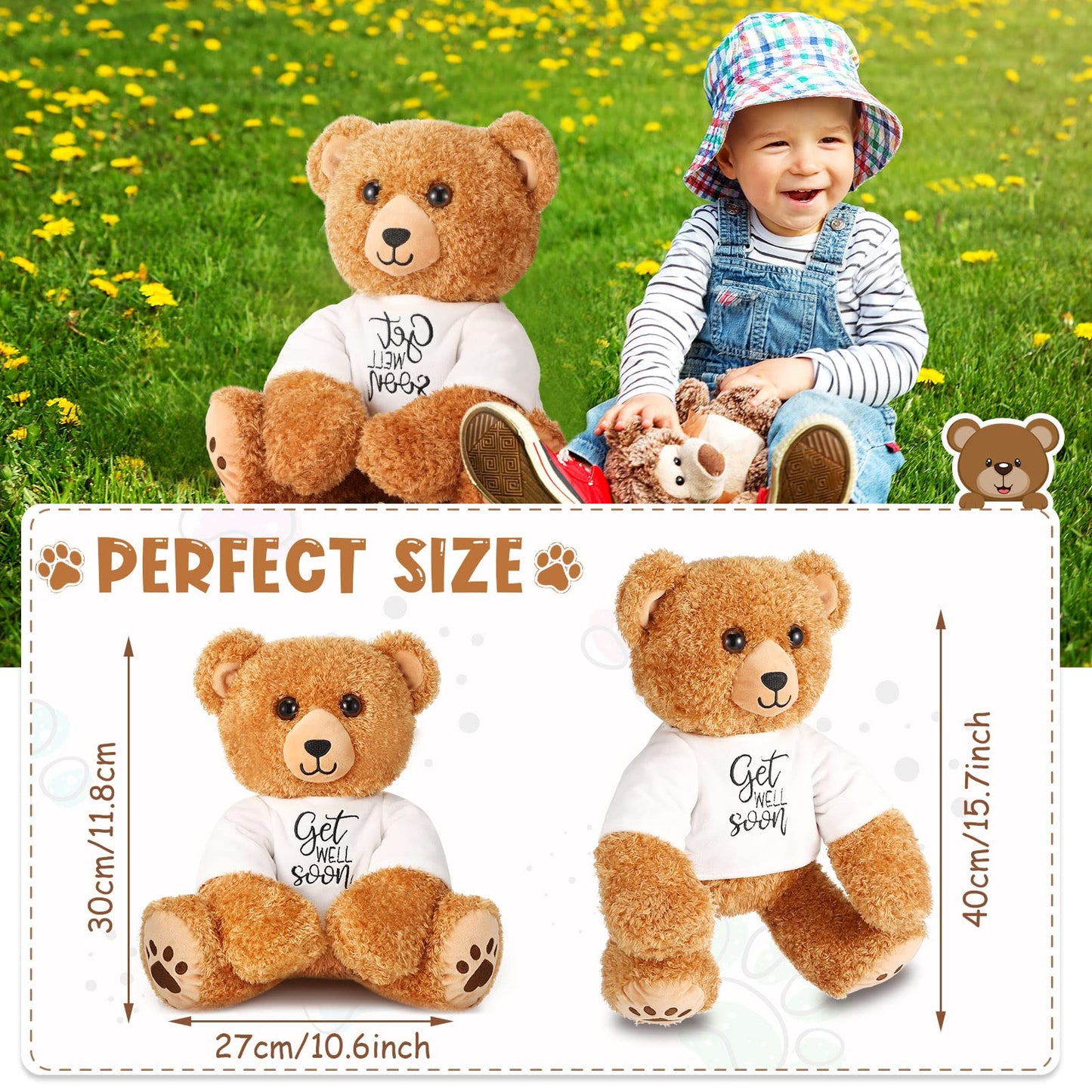 Get Well Soon Bear 16 Inch Bear Stuffed Animals With White T-Shirt Feel Well Soft Bear Plush Hospital Gifts For Boy And Girl (Classic Style)