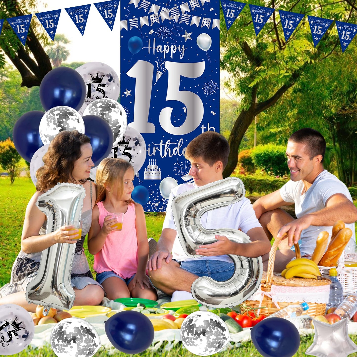 15Th Birthday Decorations For Boys Girls, Navy Blue Silver Happy 15Th Birthday Decorations Door Sign Banner 32'' Number 15 Foil