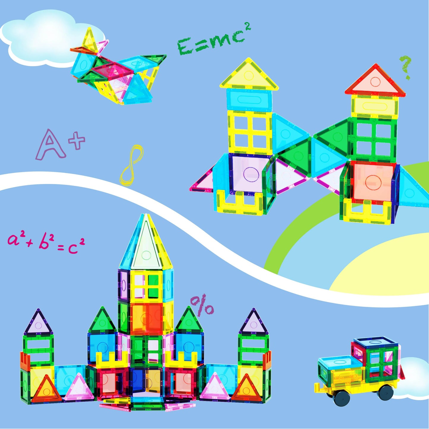 Everplay 101pc Magnet Tile Building Blocks with Car Base Drawstring Carry Bag Magnetic Construction Playset Early Childhood Play