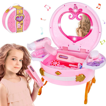 Portable Princess Vanity With Real Mirror, Toddler Makeup Vanity & Styling Tools, Lights And Sounds, Girls Toys Gifts For 3-12 Y