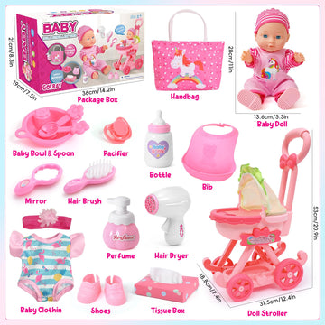 Golray Girl Baby Doll Stroller Toy Set With 12' Baby Doll & 17Pcs Baby Doll Accessories Handbag/Clothes/Sunshade/Feeding Nursery Pretend Play Toy Birthday Gift For Toddler Girls 3 4 5 6 7 Years Old