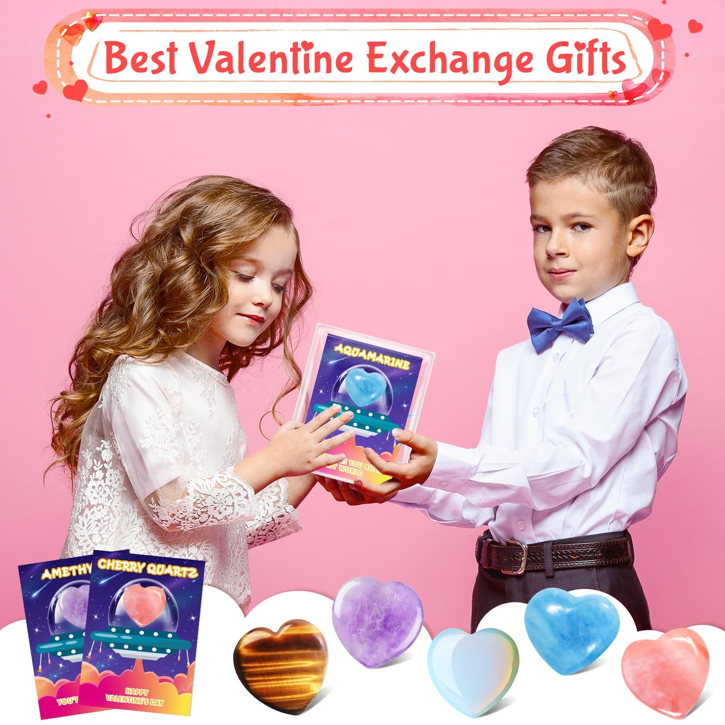 JOYPRO Valentines Day Gifts for Kids Classroom, 28 Pack Valentines Cards Goodie Bags with Heart Stones, Valentine Exchange Gifts
