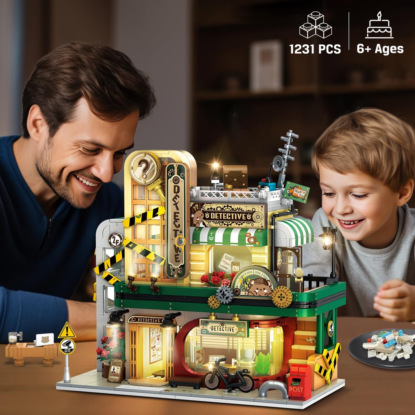 Insoon Detective Agency Building Set With Led Light, 1231Pcs Detective House Building Block Toy With Clue Wall Sofa, Office Cons