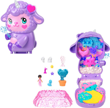 Polly Pocket Dolls & Playset, Cozy Dreamland Lamb Compact, Travel Toy with 1 Micro Doll, Pet Unicorn, Food & Fashion Styling Acc