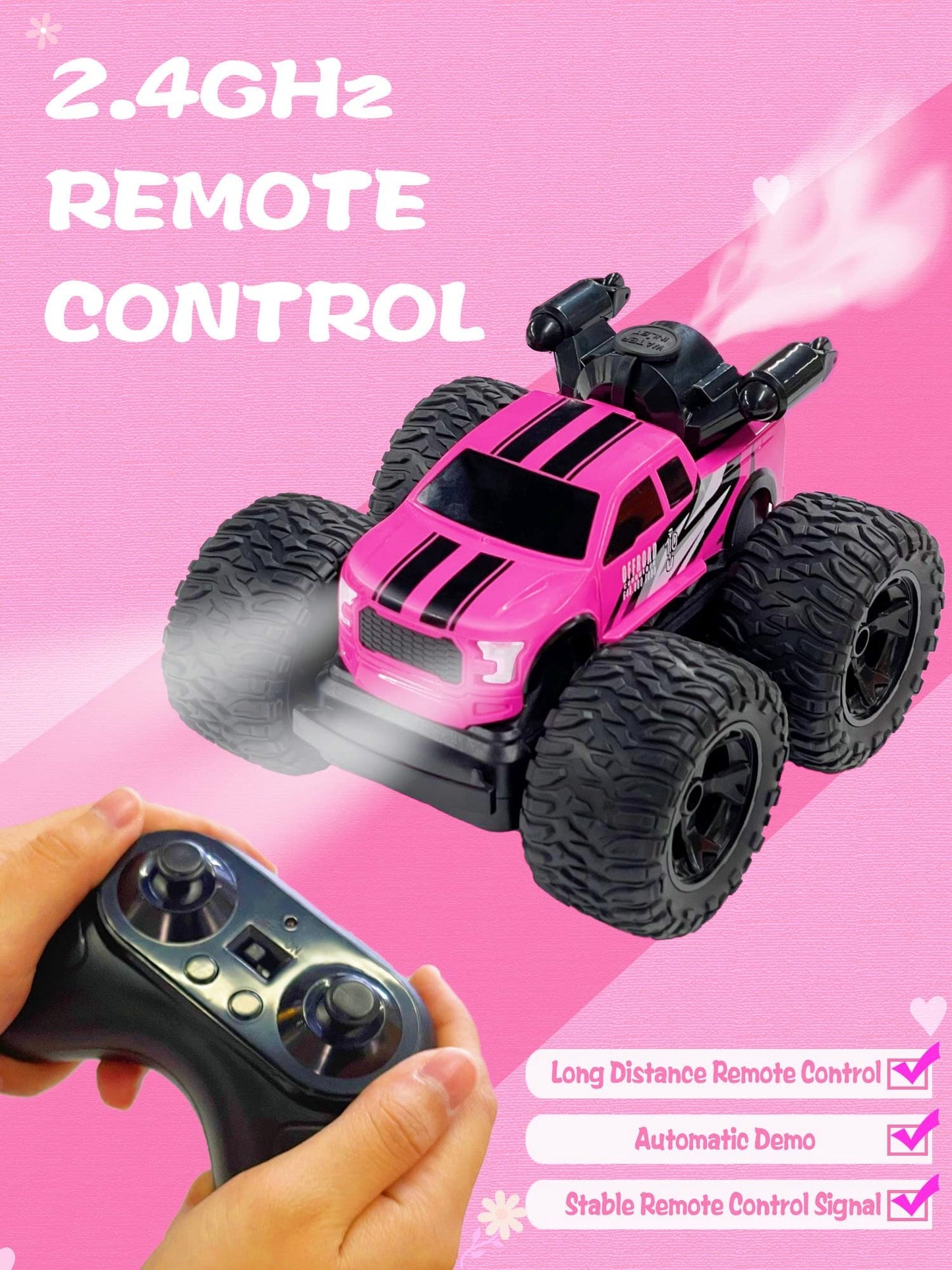 Monster Truck for Girls, Girls Remote Control Car Toys, Pink RC Trucks with Spray Function, 4WD 360 Flips Rotating Car Toys for