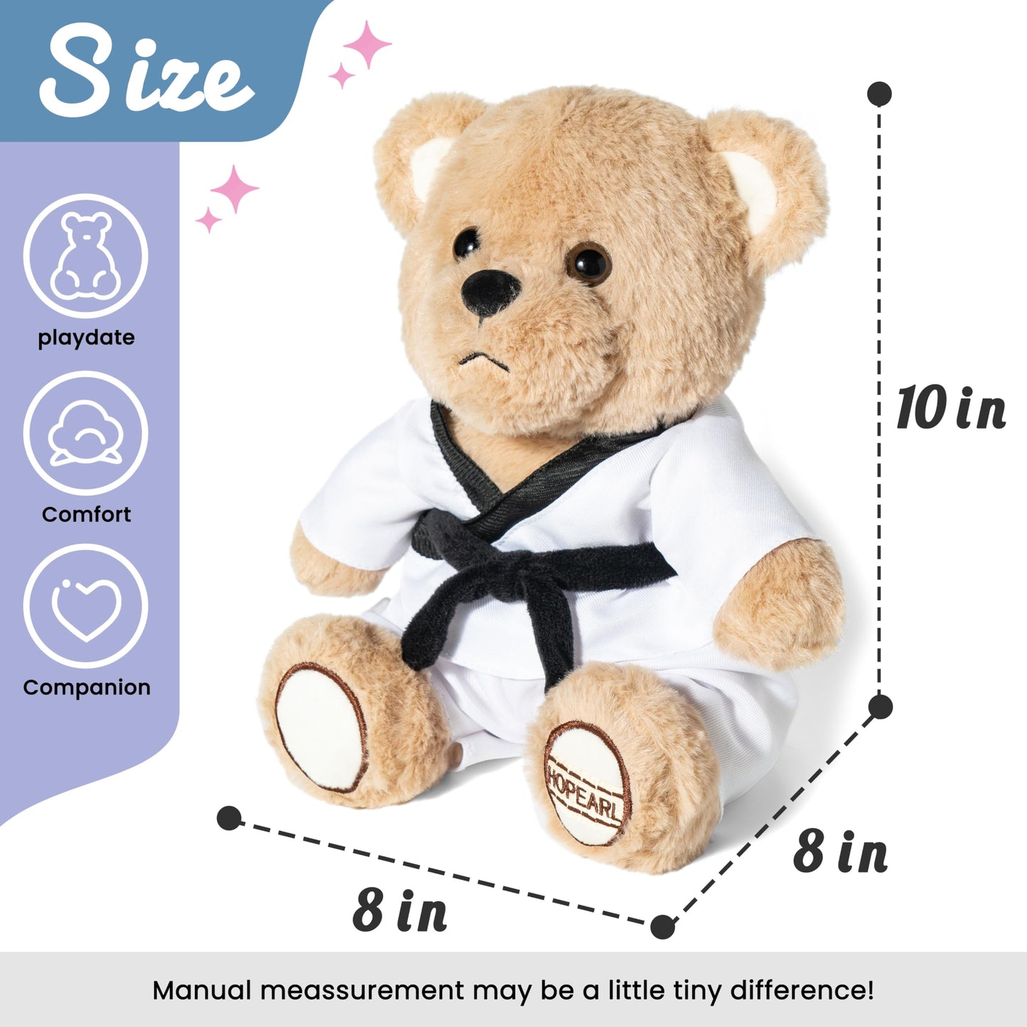 Hopearl Taekwondo Bear Plush Toy - Detachable Uniform, 6 Color Belts, 10", Brown, Model HONE0172 - Perfect Gift for Kids, Taekwondo Lovers