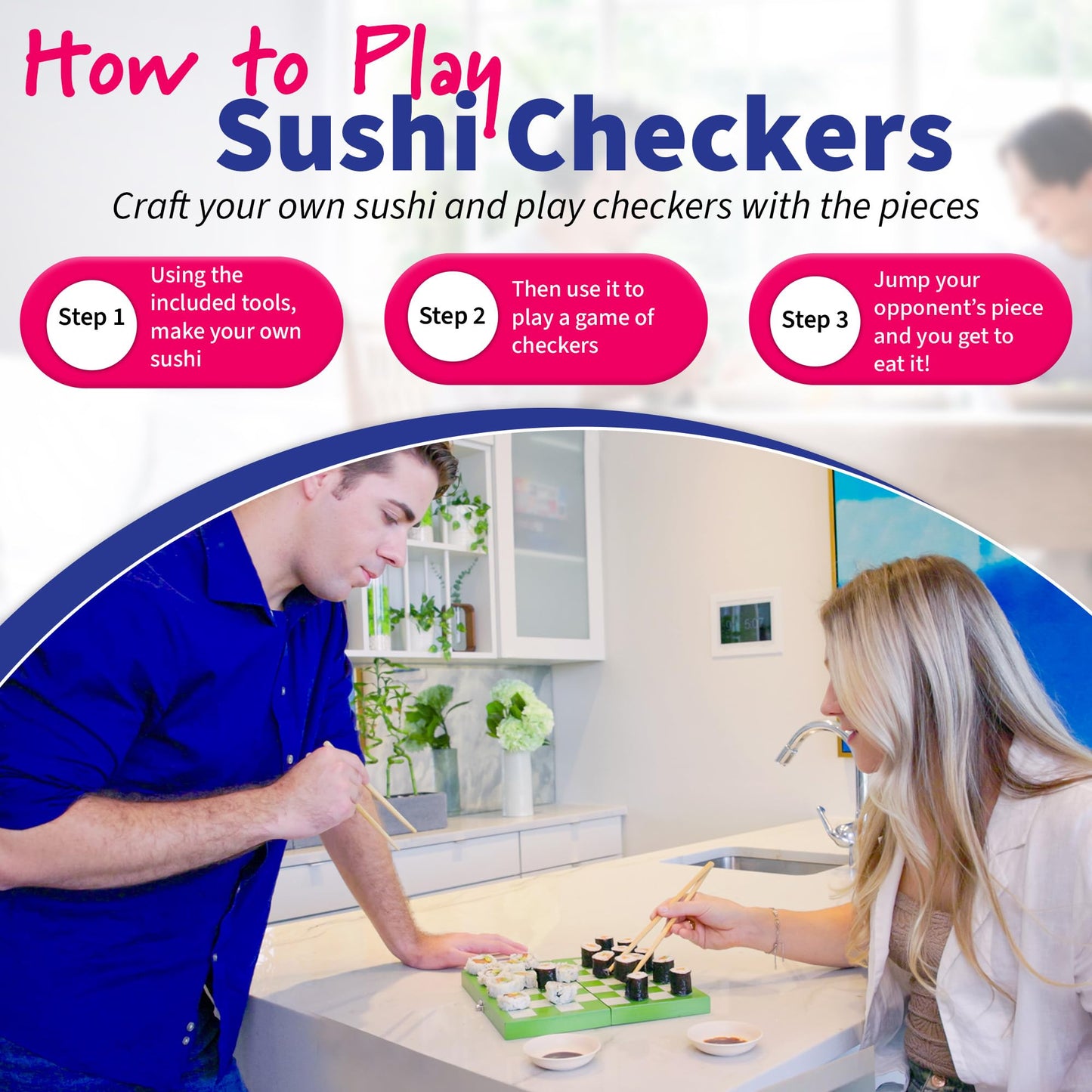 Project Genius: Sushi Checkers - Game & Sushi Making Set, Folding Bamboo Game Board, 24 Checkers & Chopsticks Set, Adults & Kids