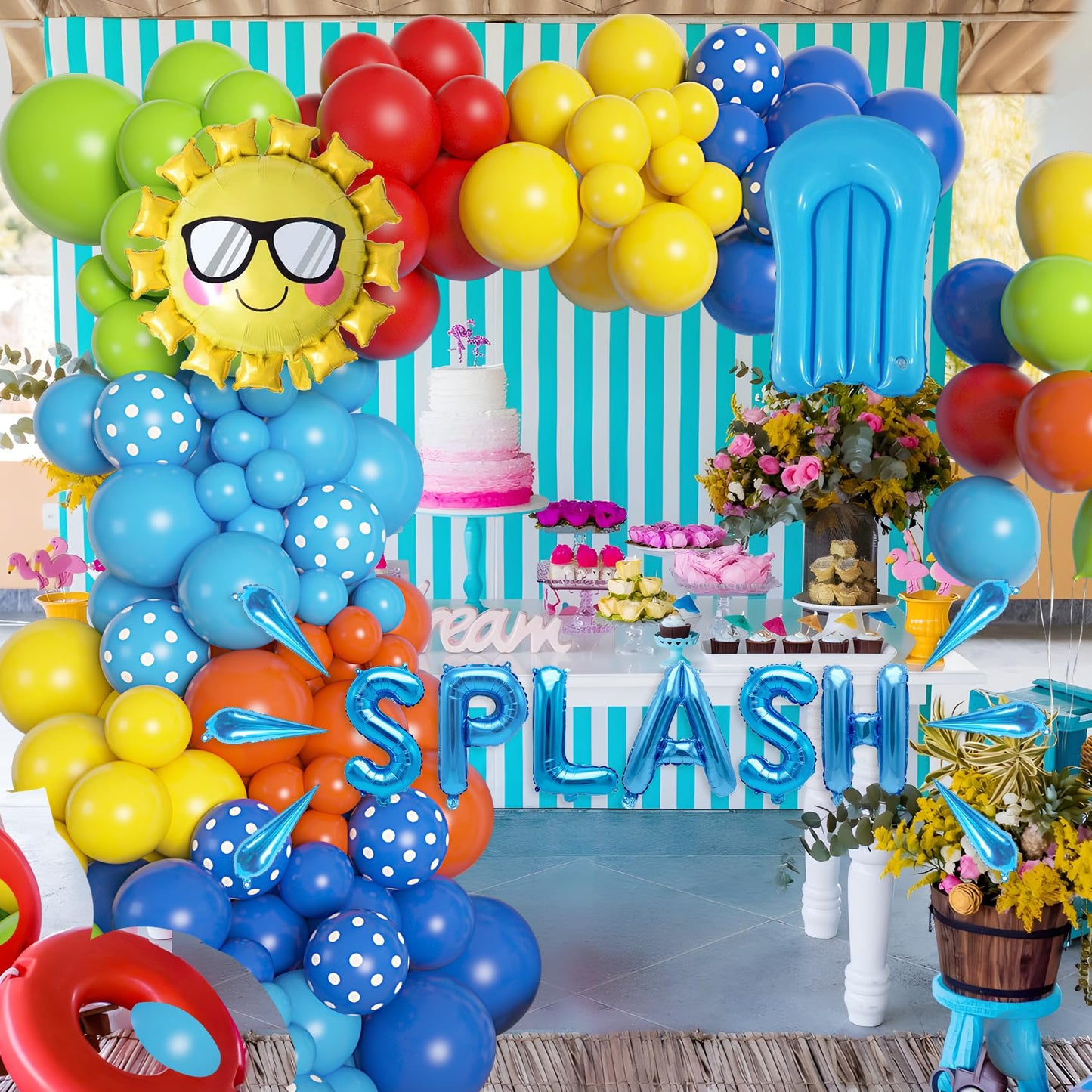 Amandir 159Pcs Summer Pool Beach Party Decorations Splash Tropical Balloon Garland Arch Kit Sun Watermelon Foil Balloons For Kid