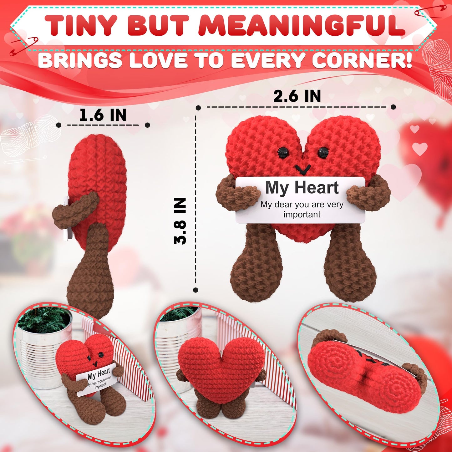 Reluen Knitted Emotional Support Heart - Soft Crochet Plush With Motivational Card, Compact Keepsake For Women, Girlfriend, Wife