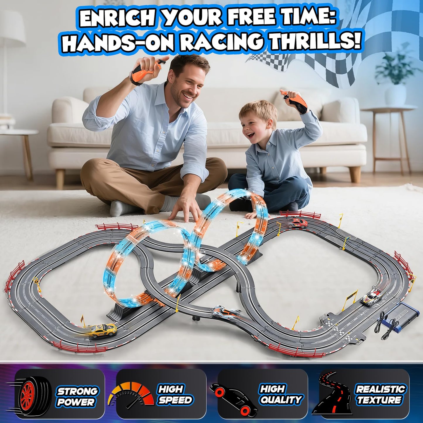 RIANEAN Slot Car Race Track Set - 4 Cars, Electric Dual Racing Game, 0.2" Size, Plastic, Model K-CARA51-4A-LIGHT, Gift for Kids