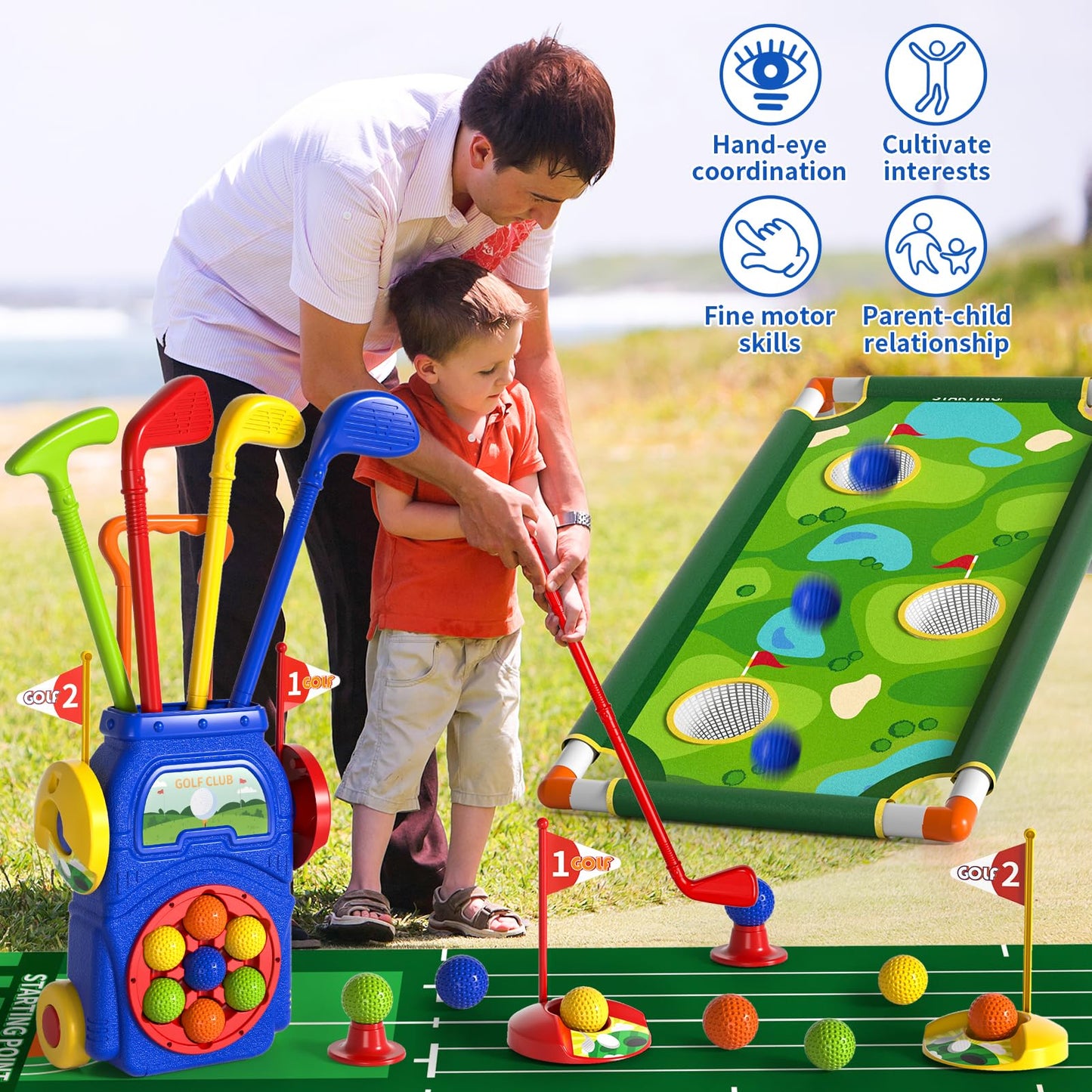 WATUDOU Toddler Golf Set Toys for Kids, Kids Toddler Golf Clubs with 7 Balls, Putting Mat & Golf Board, Toys Gifts for 3 4 5 6 Y