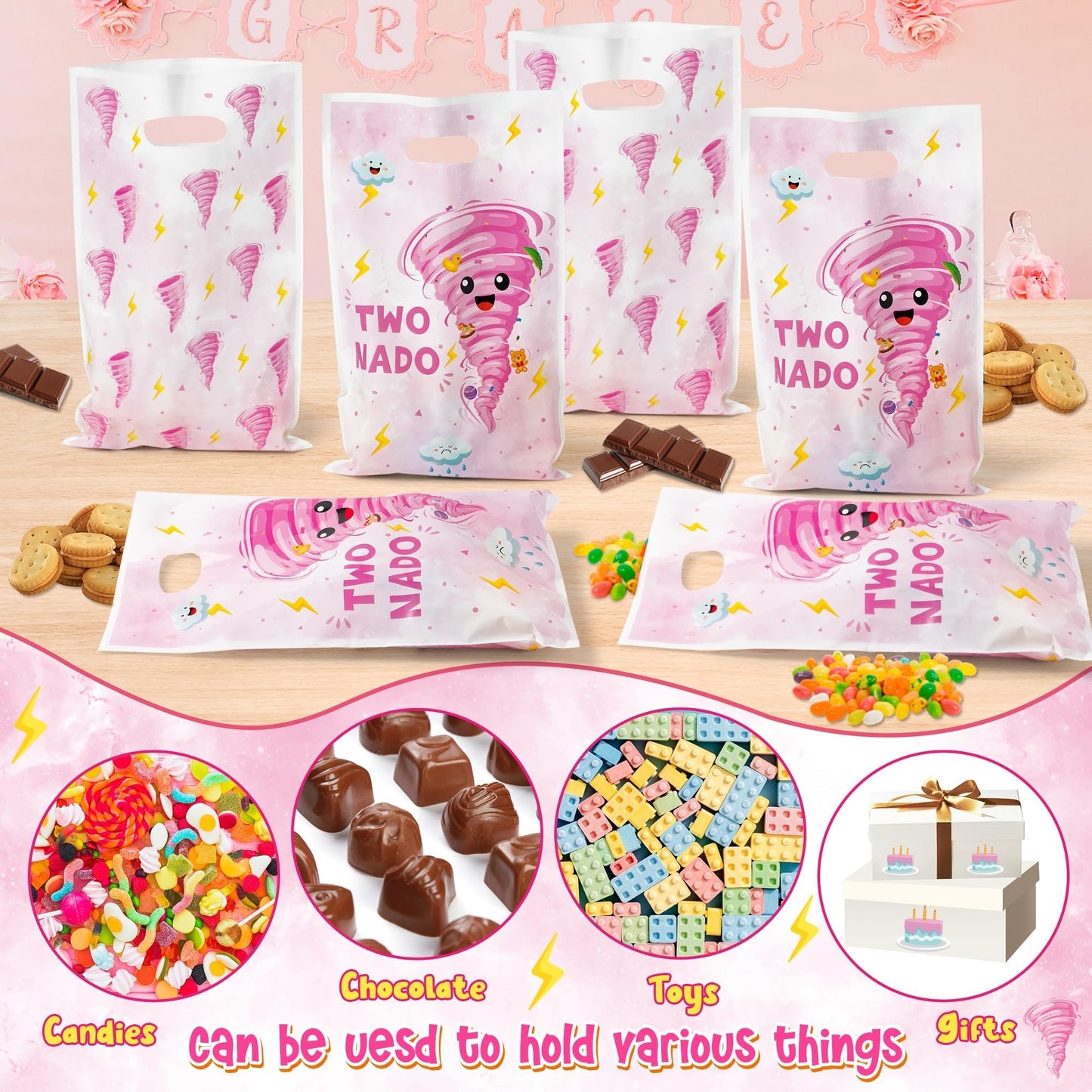 ArianQicult Two Nado Party Favor Bags - 50Pcs Pink Tornado Patterns Goody Candy Treat Gifts Bags, Cute Two Nado Themed Kid Party