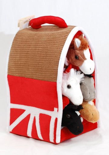 Plush Horse Barn With Horses - Five (5) Stuffed Animal Horses In Play Carrying Barn Case