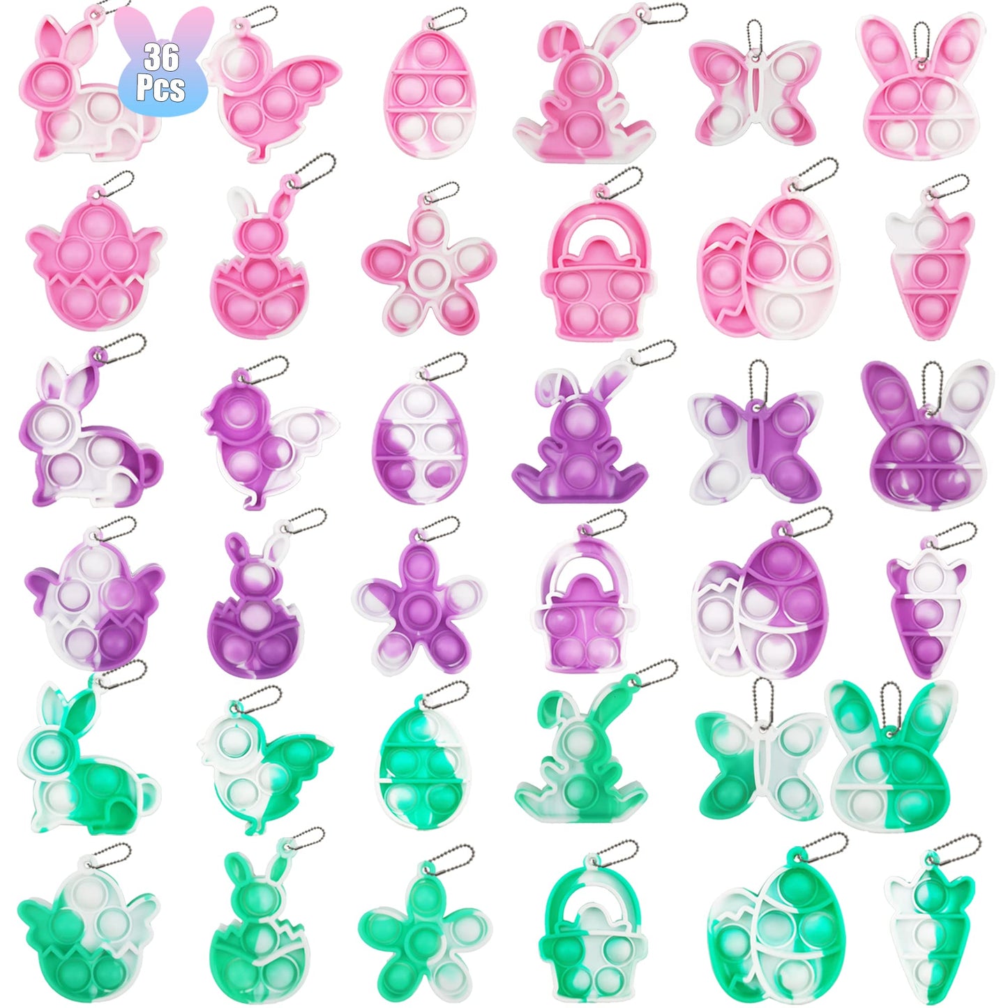 Albiuev 36 Pack Easter Mini Pop Fidget It Toys,Easter Basket Stuffers Eggs Bunny Mini Pop Keychain Packs,Easter Baskets For Kids