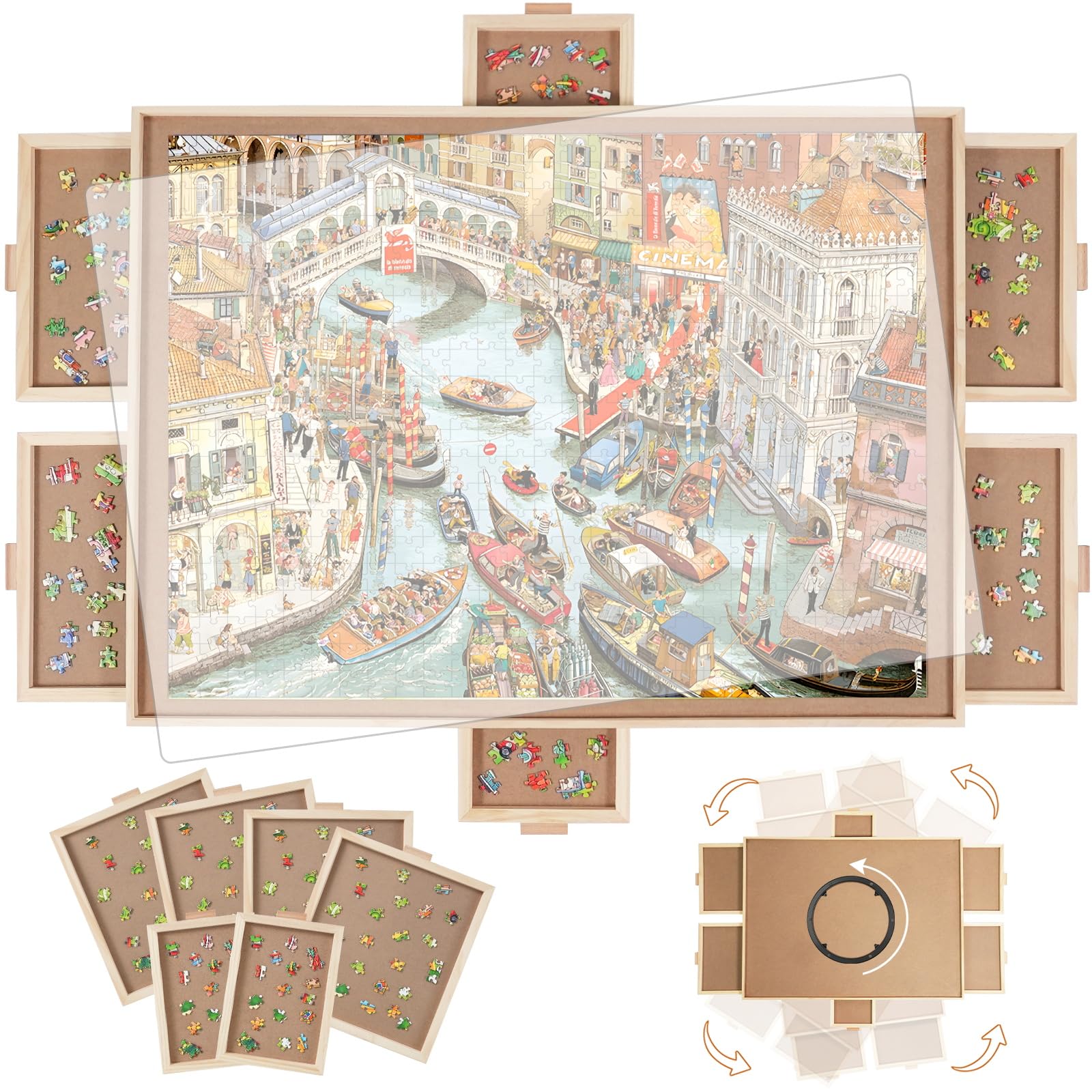 Builderbutler 1500 Pieces Rotating Puzzle Board With 6 Drawers,26''X35'' Portable Wooden Jigsaw Puzzle Table With Lazy Susan Spi