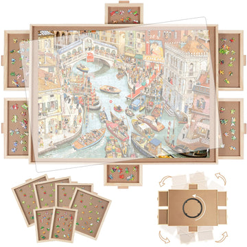 Builderbutler 2000 Pieces Rotating Puzzle Board With 6 Drawers,29.7''X41.3'' Portable Wooden Jigsaw Puzzle Table With Lazy Susan
