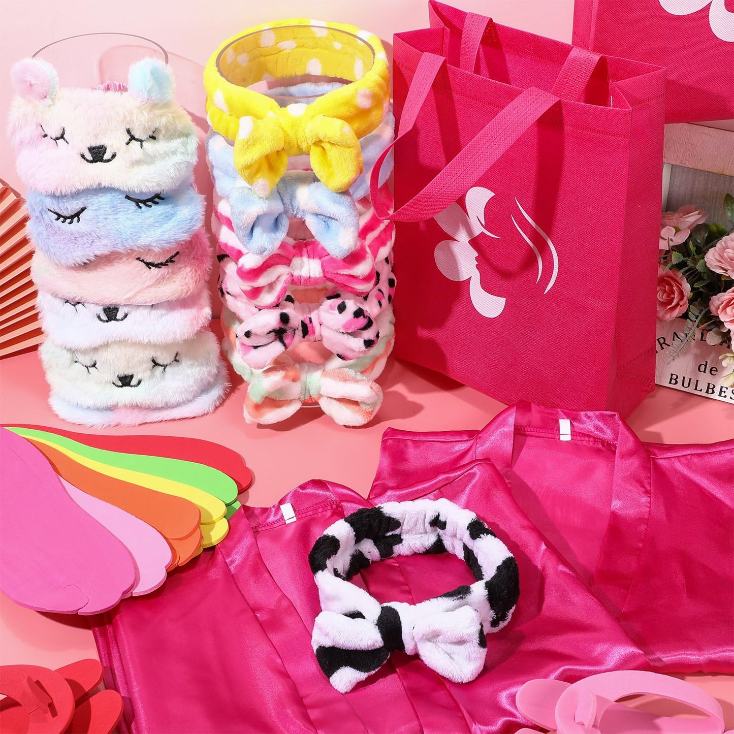 Shihanee 30 Pcs Spa Party Supplies For Girls, 6 Satin Robe 6 Kids Slippers Sleepover Birthday Spa Party Favors (Rose Red)