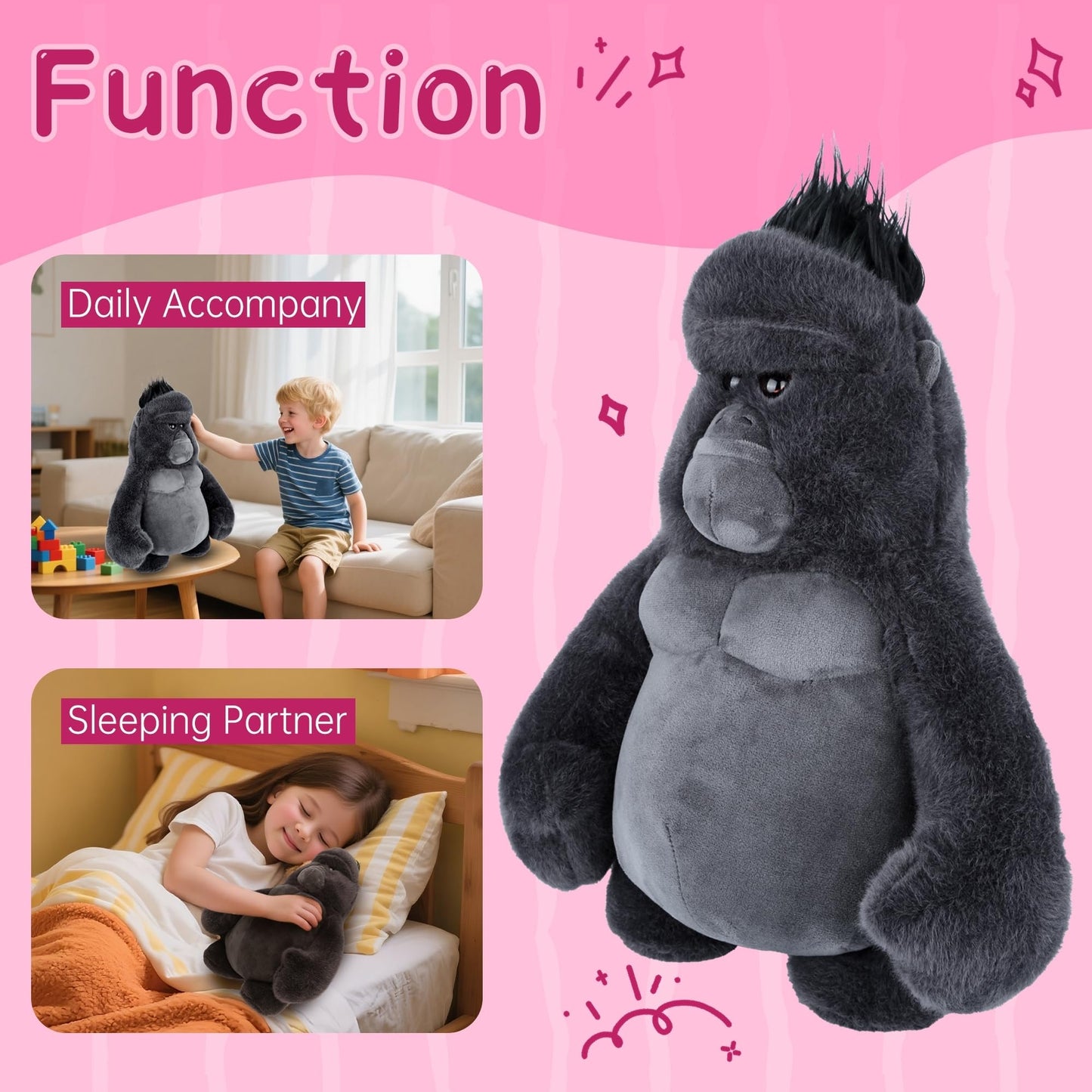 Comnonage Stuffed Animal Gorilla - 15 Inch Plush Toy, Soft Cotton, Black, Model QC-P, Ideal Gift for Kids and Room Decoration